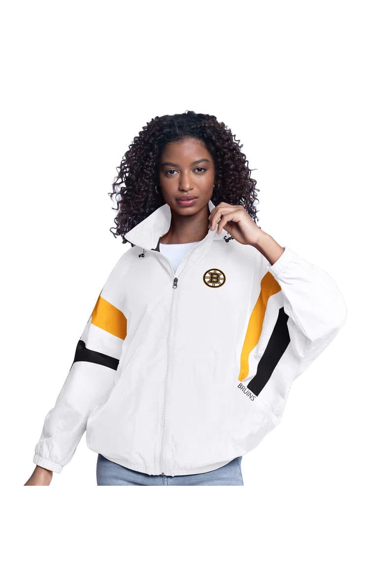 G-III SPORTS BY CARL BANKS Women's G-III Sports by Carl Banks  White Boston Bruins Game News Oversized Full-Zip Hoodie Jacket, Main, color, White