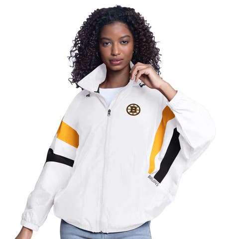 Women
s G-III Sports by Carl Banks  White Boston Bruins Game News Oversized Full-Zip Hoodie Jacket