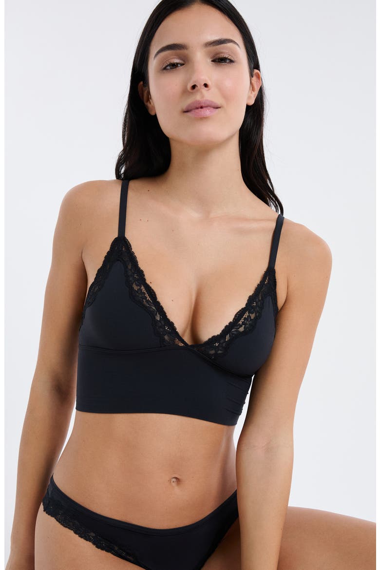 Lace Trim Triangle Longline Bralette, Alternate, color, BLACK