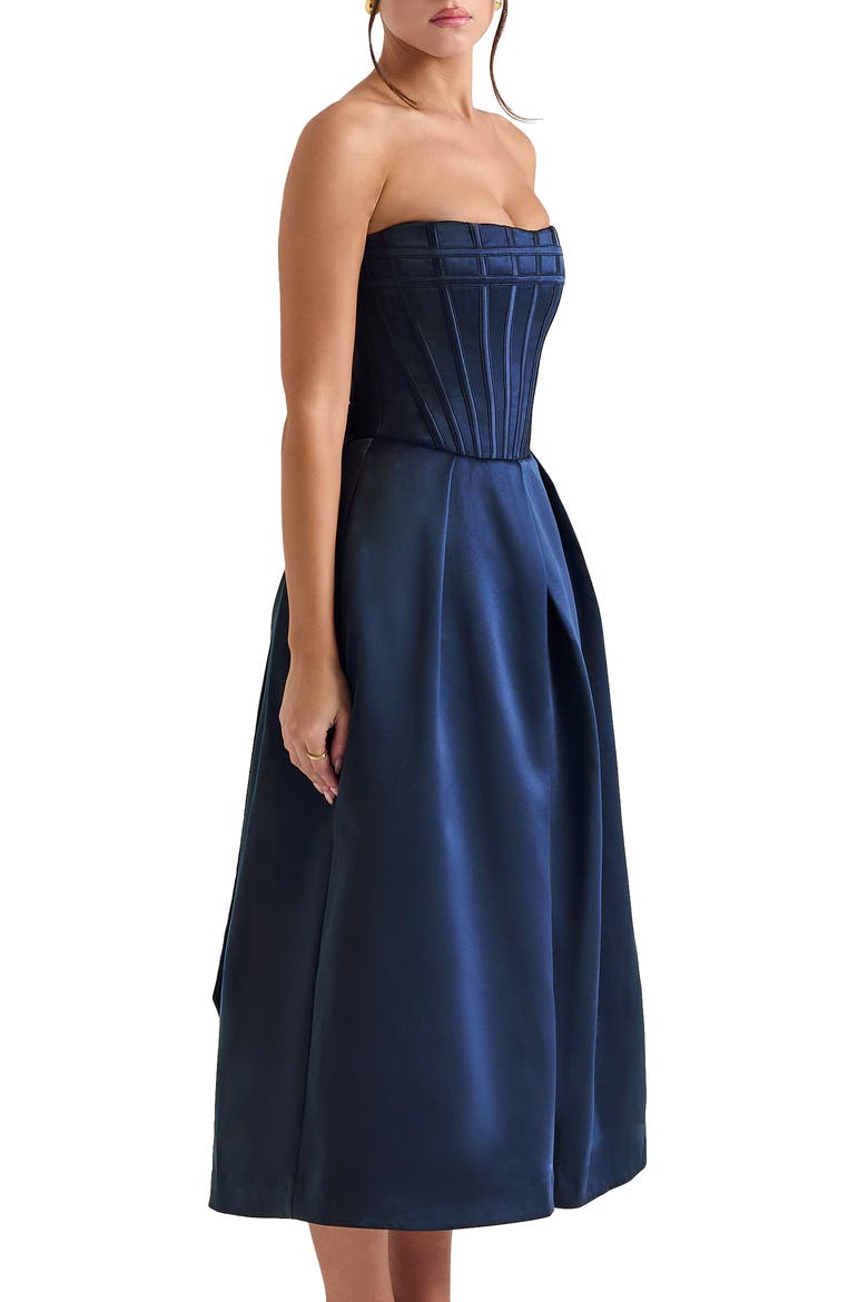Bellina Strapless Satin Midi Cocktail Dress, Alternate, color, DRESS BLUES