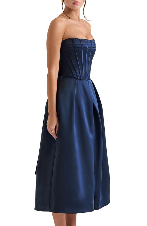 House Of Cb Bellina Strapless Satin Midi Cocktail Dress In Dress Blues