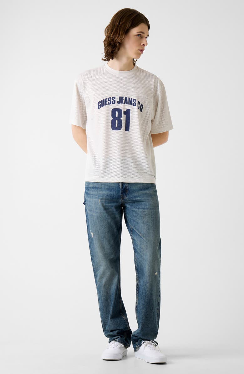 GUESS JEANS Boxy Crop Graphic Mesh Jersey, Alternate, color, White