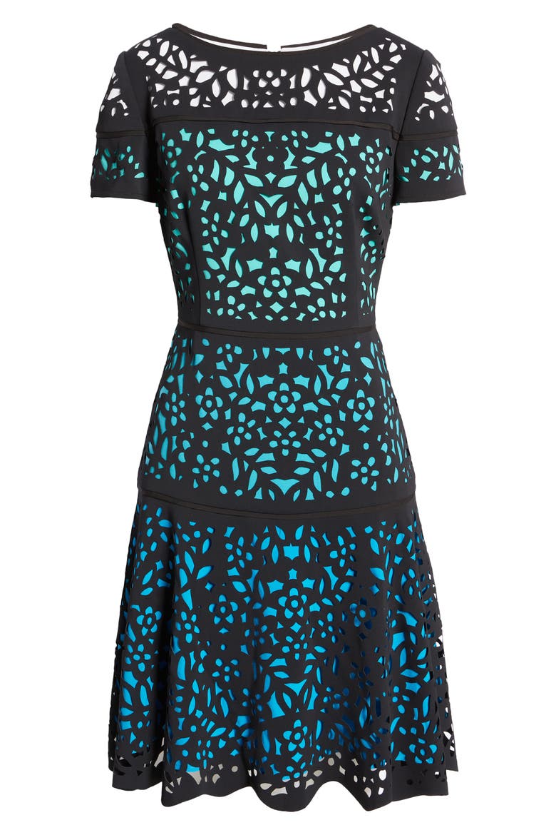 Ombré Lace Fit & Flare Dress, Alternate, color, BLACK/ TEAL