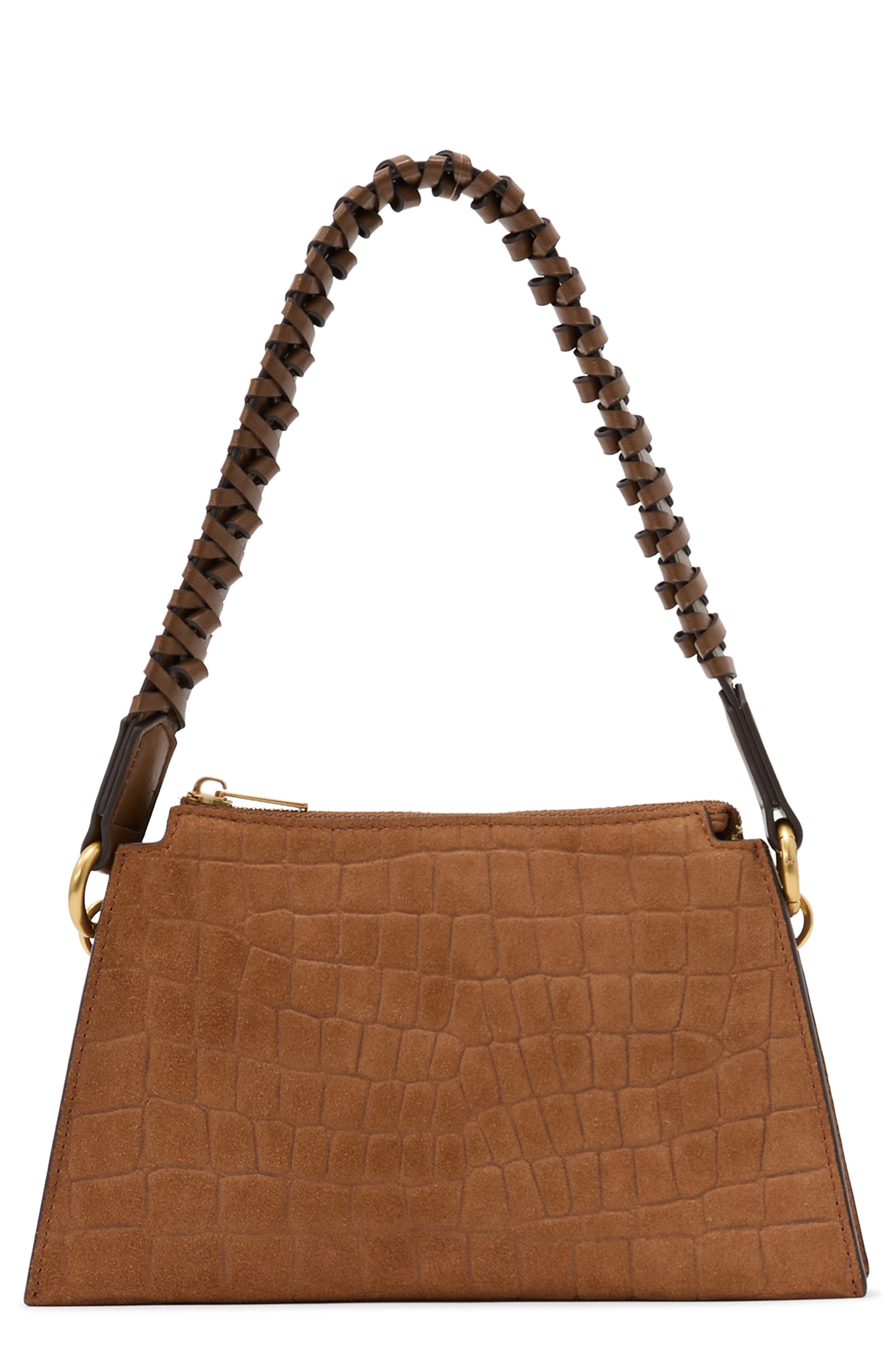 Avery Croc Embossed Leather Shoulder Bag, Main, color, TAN