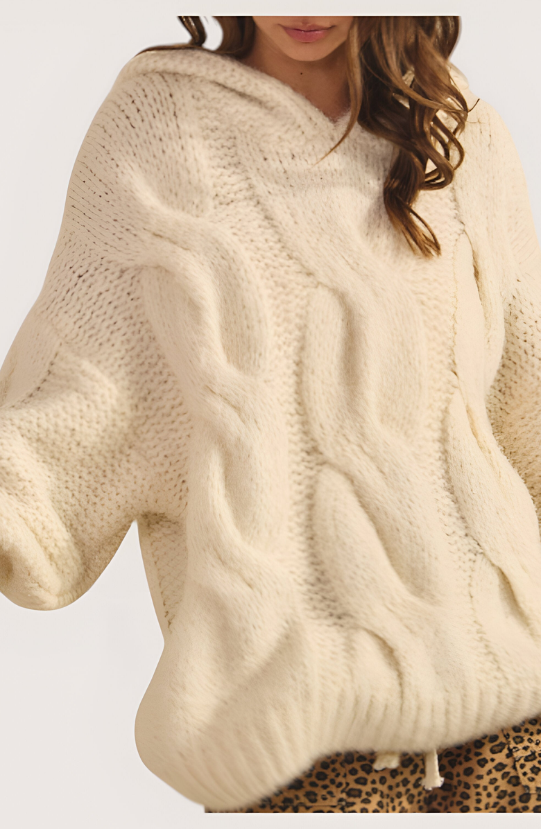 Modenaire Cable-Knit Hoodie with Pockets, Alternate, color, Cream