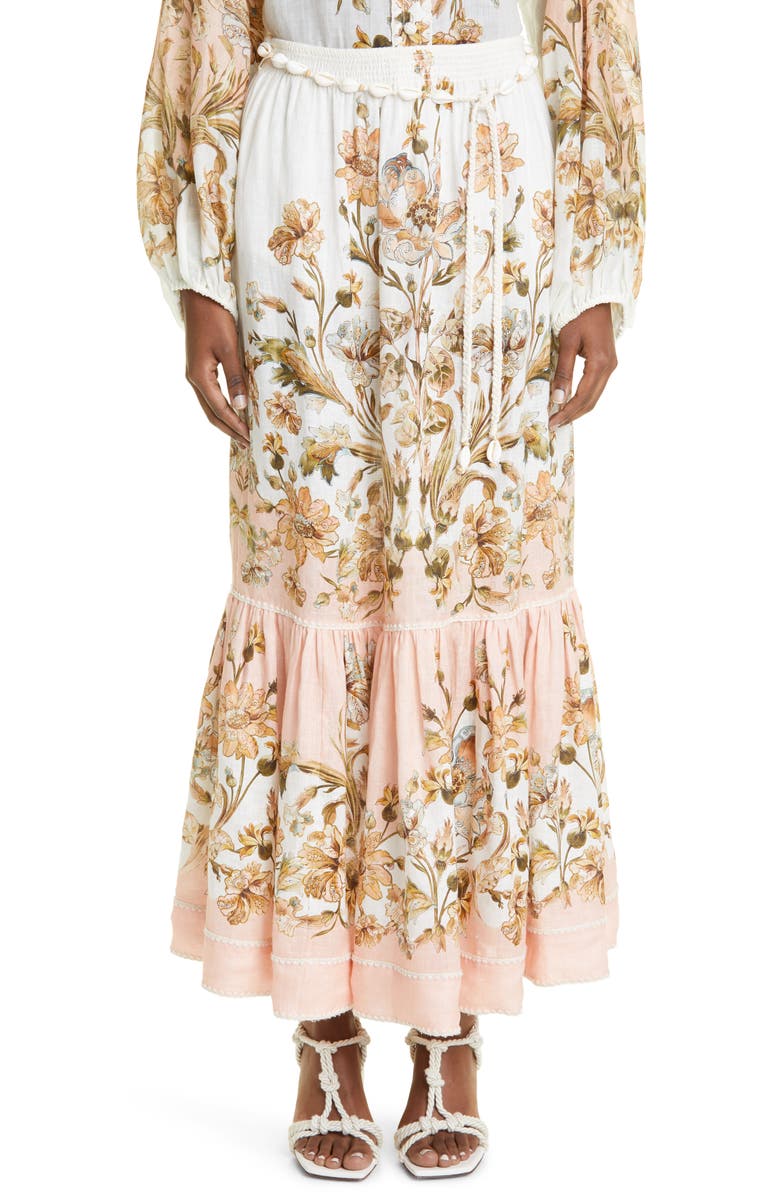 Zimmermann Chintz Floral Tiered Linen Skirt, Main, color,