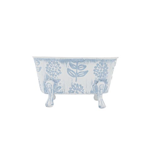Embossed Blue Floral Metal Planter Bathtub Soap Dish Holder 3.74" x 6.1"