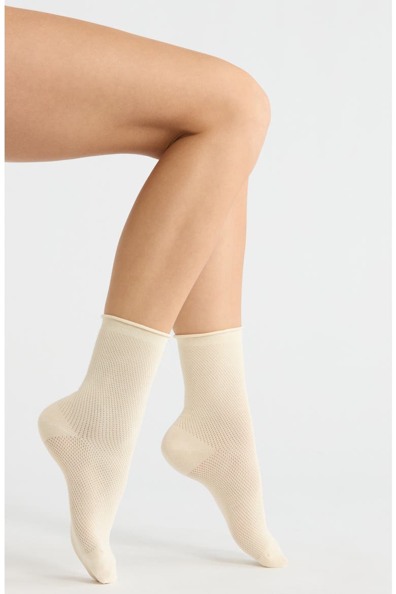 Rivi Cotton Blend Pointelle Crew Socks, Main, color, TAUPE