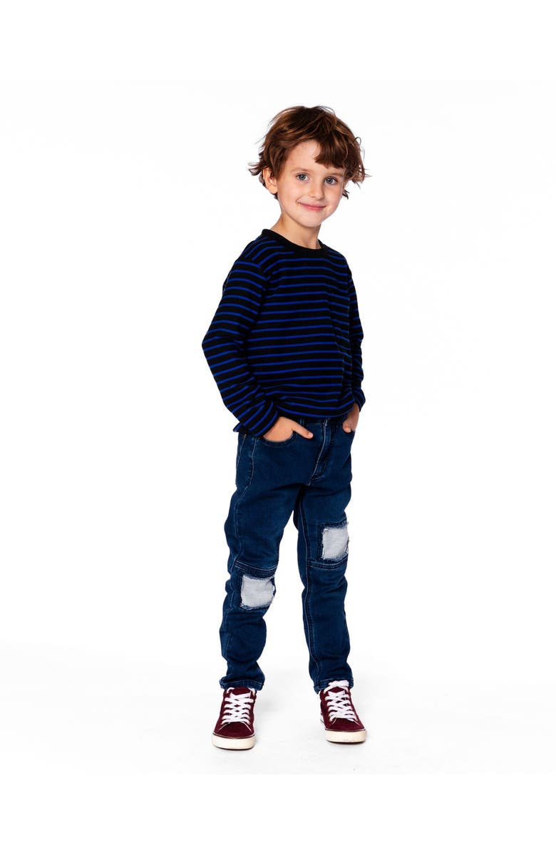 Deux par Deux Long Sleeve Brushed Jersey Striped Tee, Main, color, Black