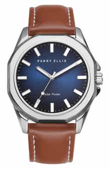 Perry Ellis Solar Leather Strap Watch, 41mm
