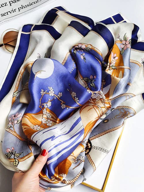 Silksilky 100% Mulberry Silk Printed Square Shawl Scarf In Blue