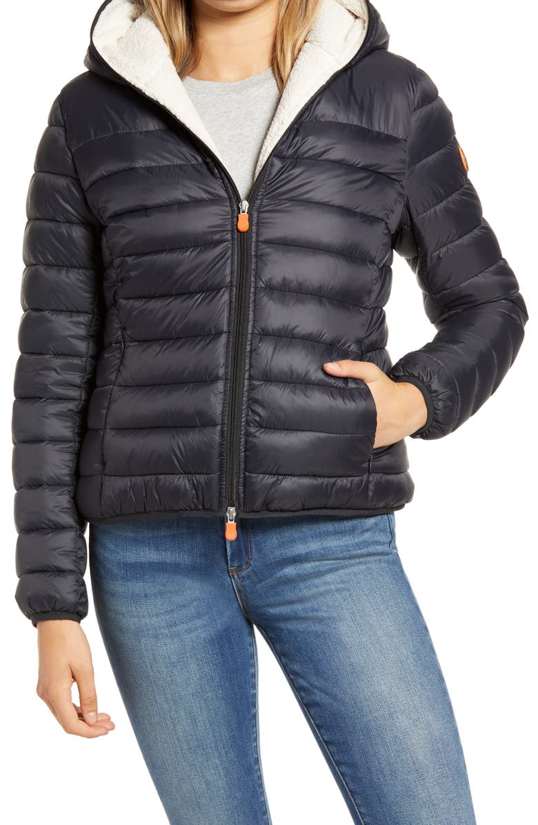 Save The Duck Giga Water Repellent Hooded Puffer Jacket with Faux Shearling Lining, Alternate, color, 