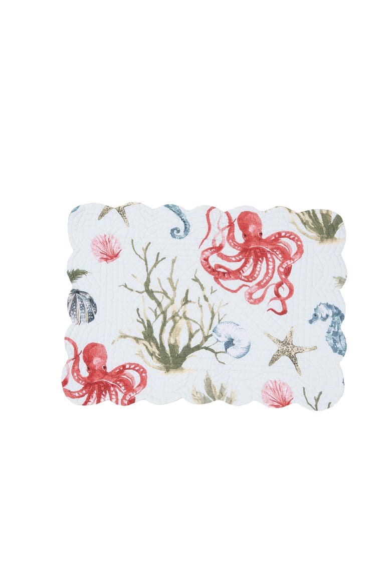 Behari Coastal Sea Life Cotton Quilted Reversible Placemats Set of 6, 13" x 19", Alternate, color, Blue
