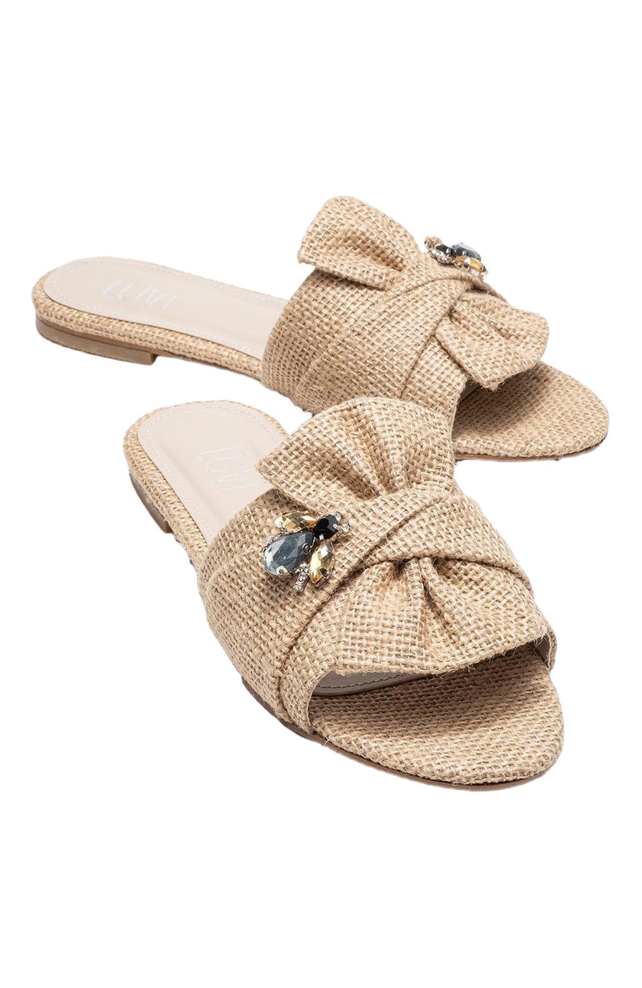 Prologue Shoes Daphne Raffia Bow Slide Sandal, Main, color, Beige Faux Leather