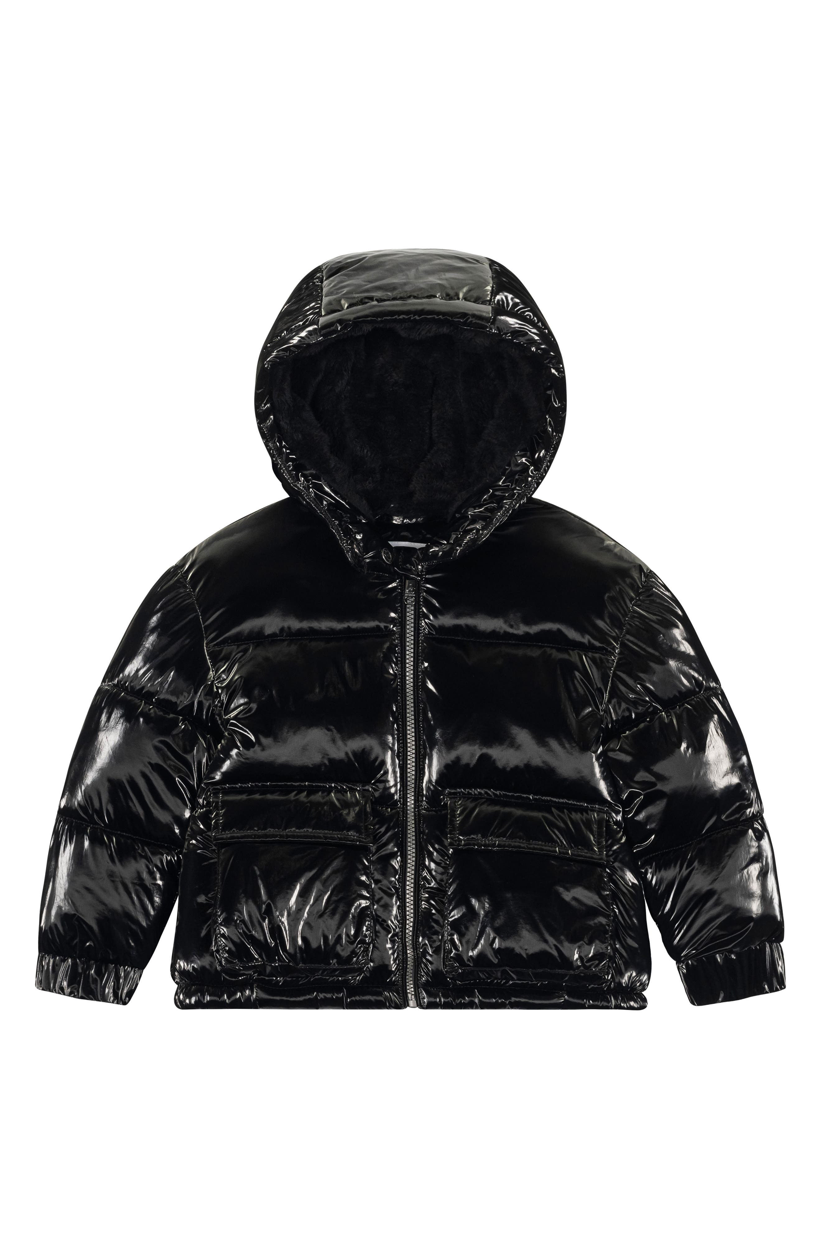 Kids' Shimmer Cargo Pocket Faux Shearling Hooded Puffer Jacket