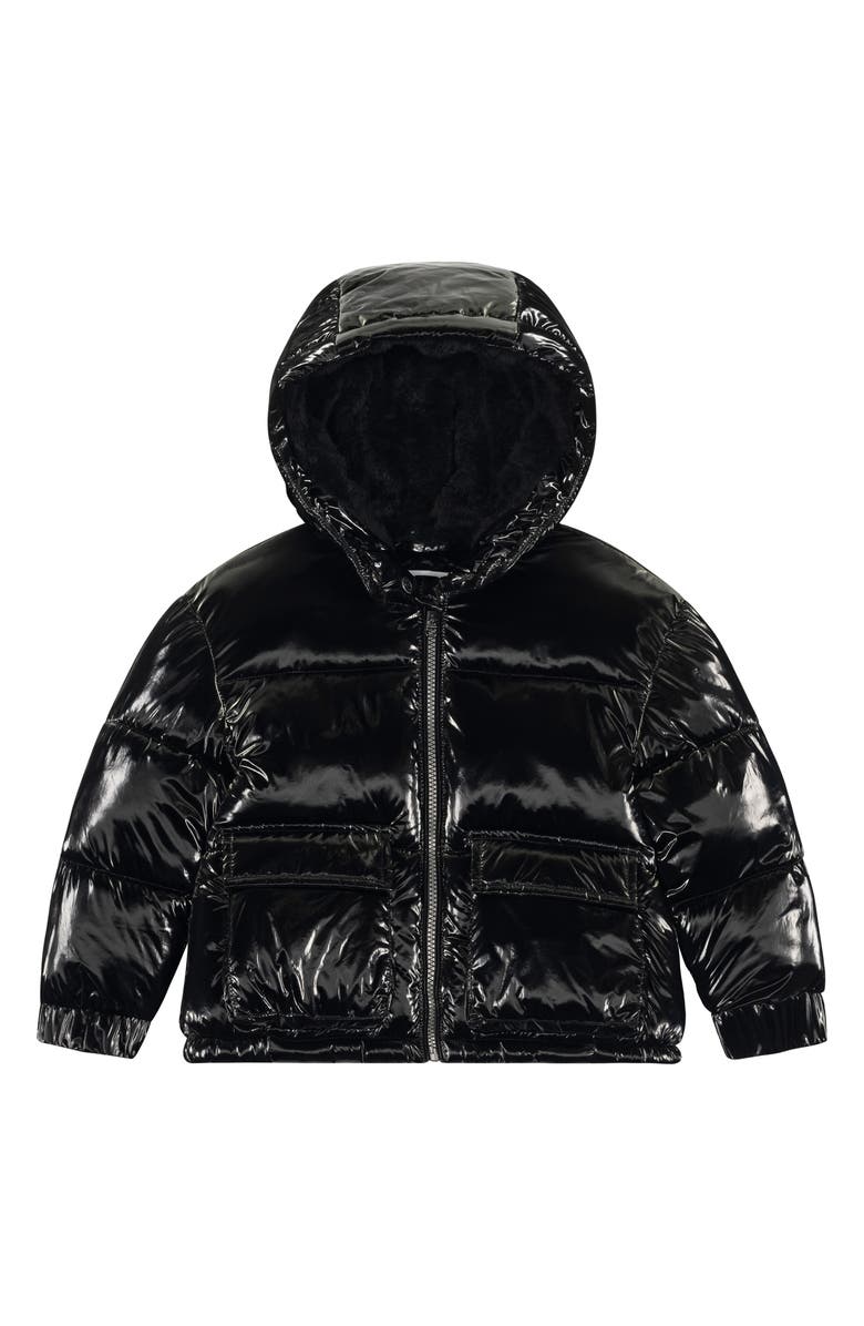 Sam Edelman Kids' Shimmer Cargo Pocket Faux Shearling Hooded Puffer Jacket, Main, color, Black