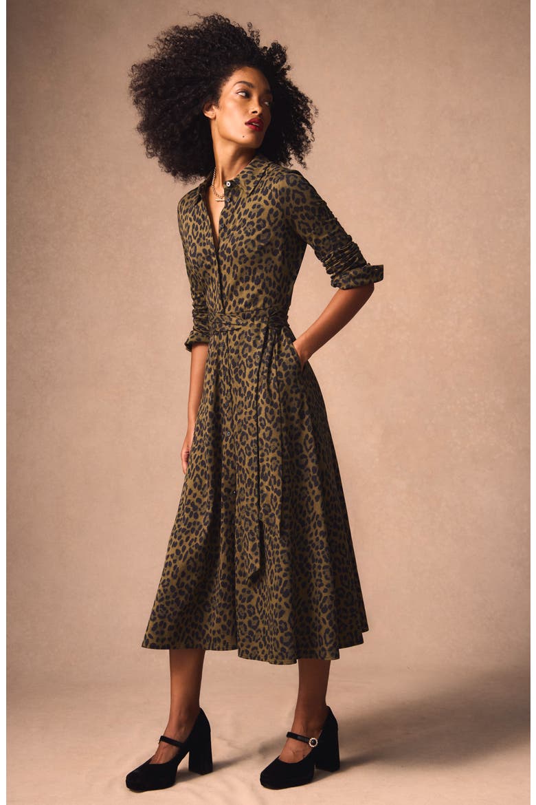 Marcia Leopard Print Long Sleeve Shirtdress, Main, color, MILITARY OLIVE BRUSHED ANIMAL