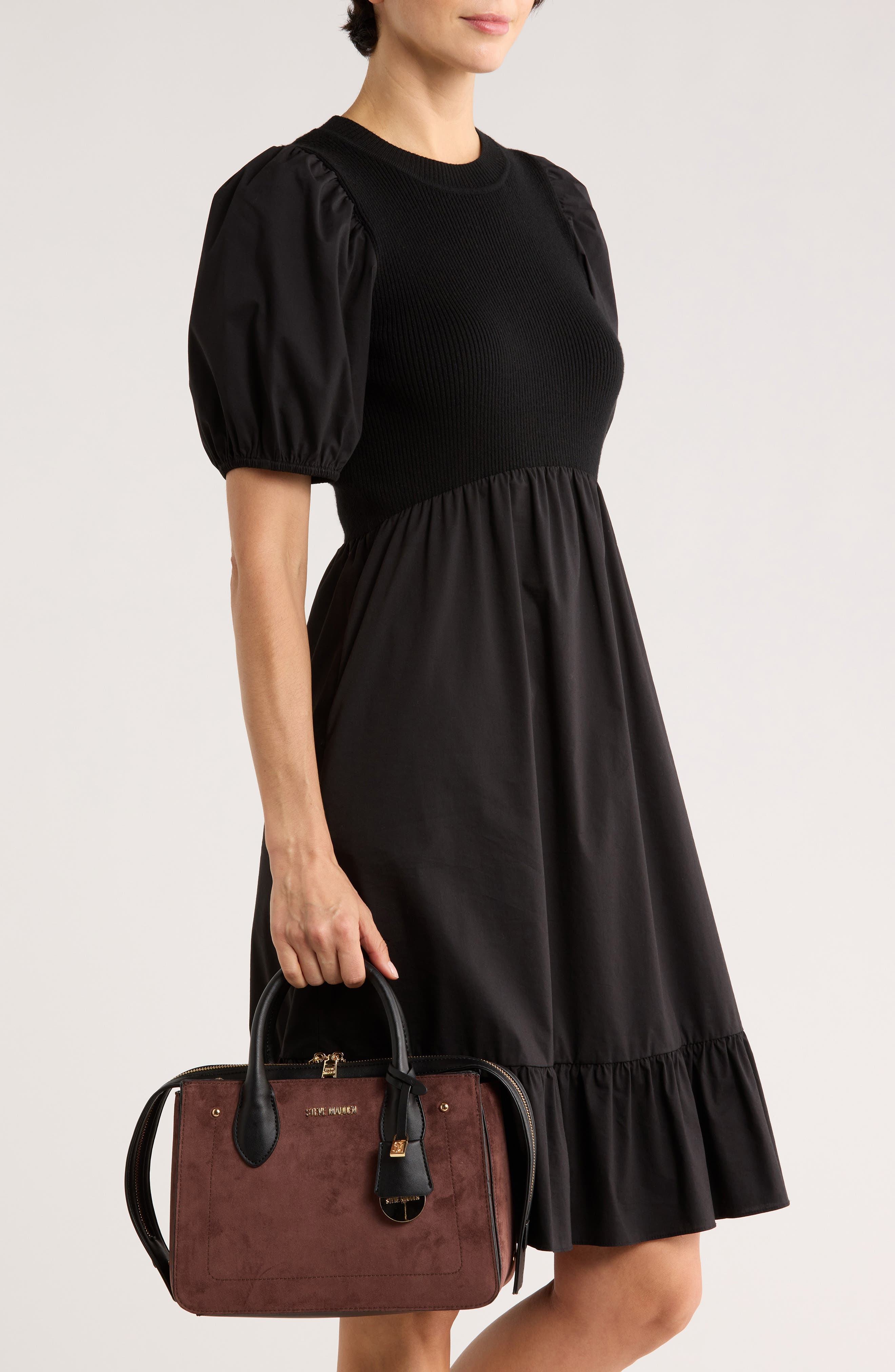 Steve Madden Foster Mixed Media Satchel, Alternate, color, Suede Chocolate