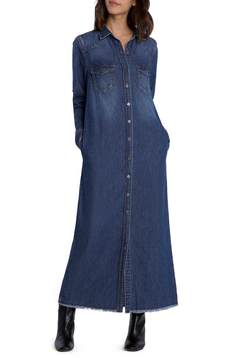 Long Sleeve Denim Maxi Shirtdress, Main, color, MALIBU BLUE
