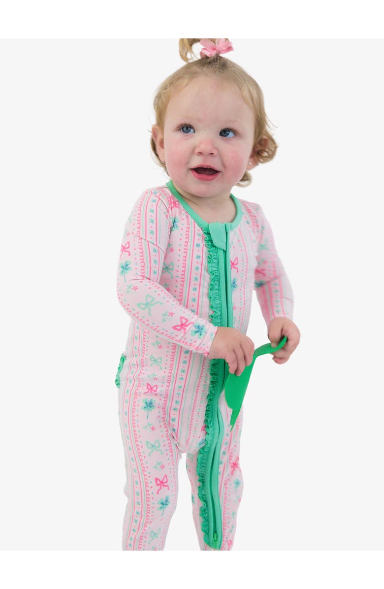 RuffleButts Baby Girls Modal Blend Ruffle One Piece Footie Pajamas, Alternate, color, Clover Bows & Wishes
