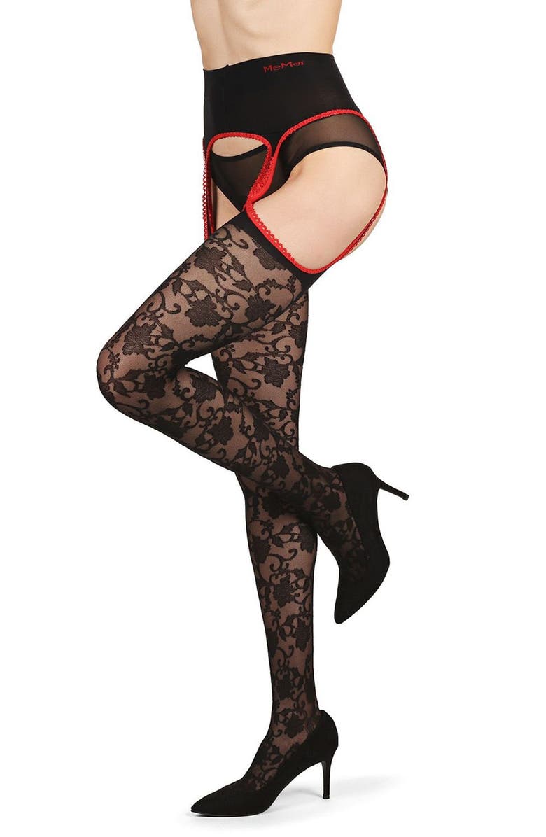 MeMoi Secret Garden Suspender Tights, Main, color, Black-Red