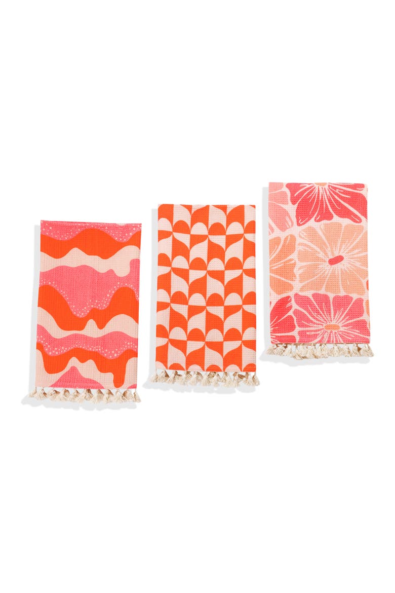 The Marrakesh Mod Set of 3 Cotton Waffle Kitchen Towels, Main, color, HOT PINK/ ORANGE