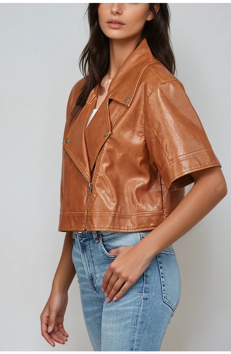 Sisterly Romy Crop Faux Leather Moto Jacket, Alternate, color, Cognac