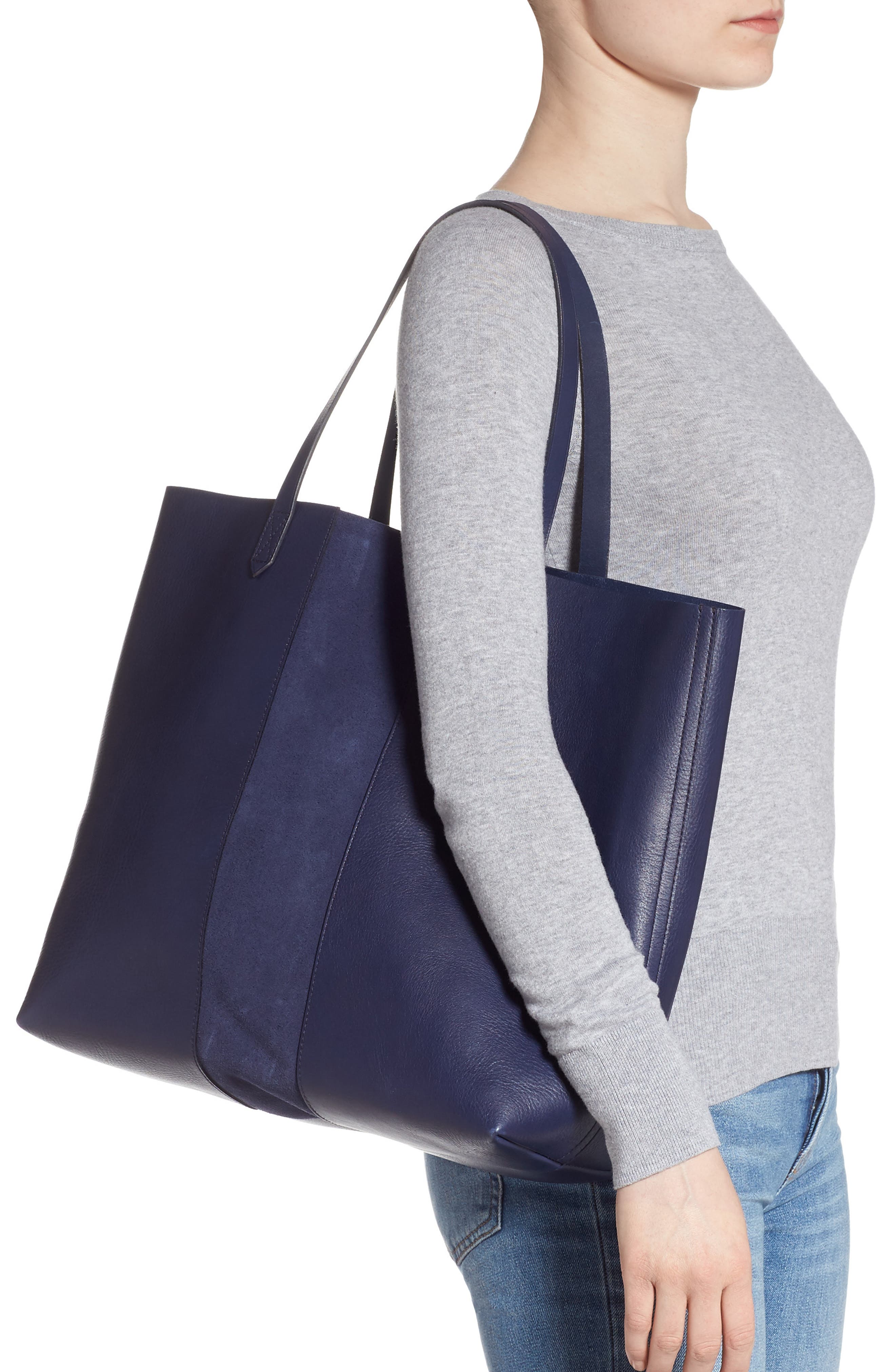 Suede Stripe Transport Leather Tote, Alternate, color, DARK MIDNIGHT