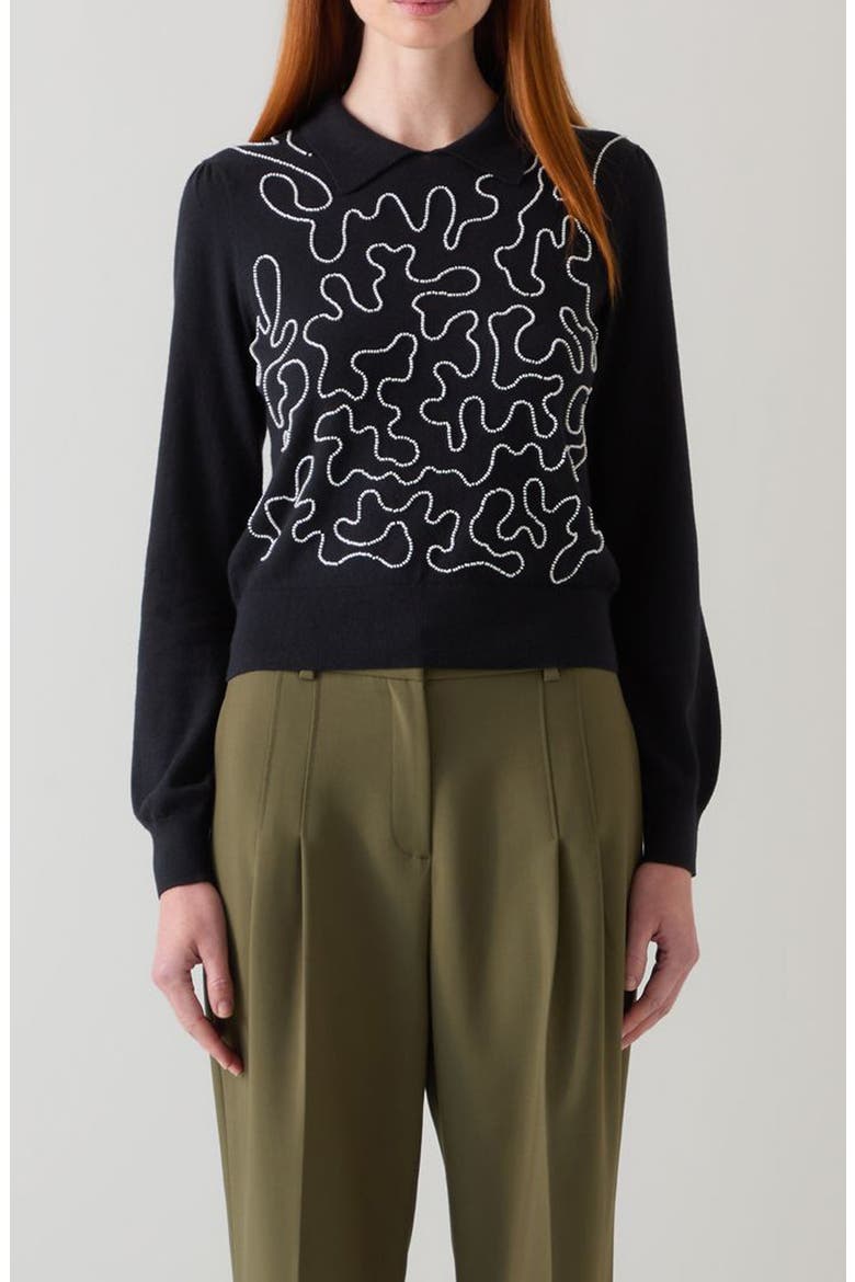 Judy Embellished Cotton & Merino Wool Collared Sweater, Main, color, BLACK CREAM