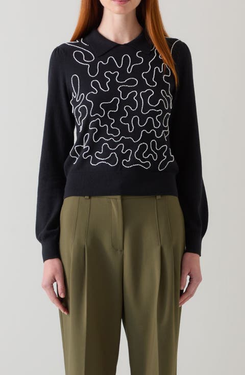 Judy Embellished Cotton & Merino Wool Collared Sweater