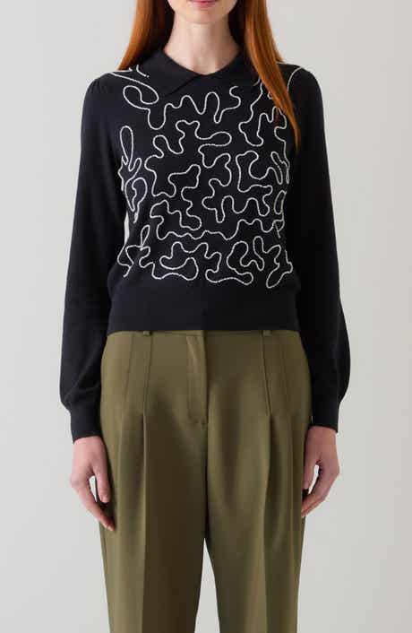Judy Embellished Cotton & Merino Wool Collared Sweater