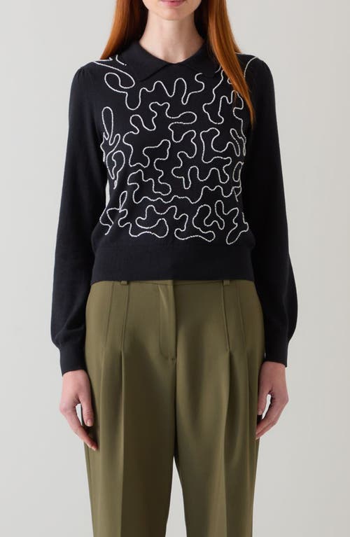 Lk Bennett Judy Embellished Cotton & Merino Wool Collared Sweater In Blue