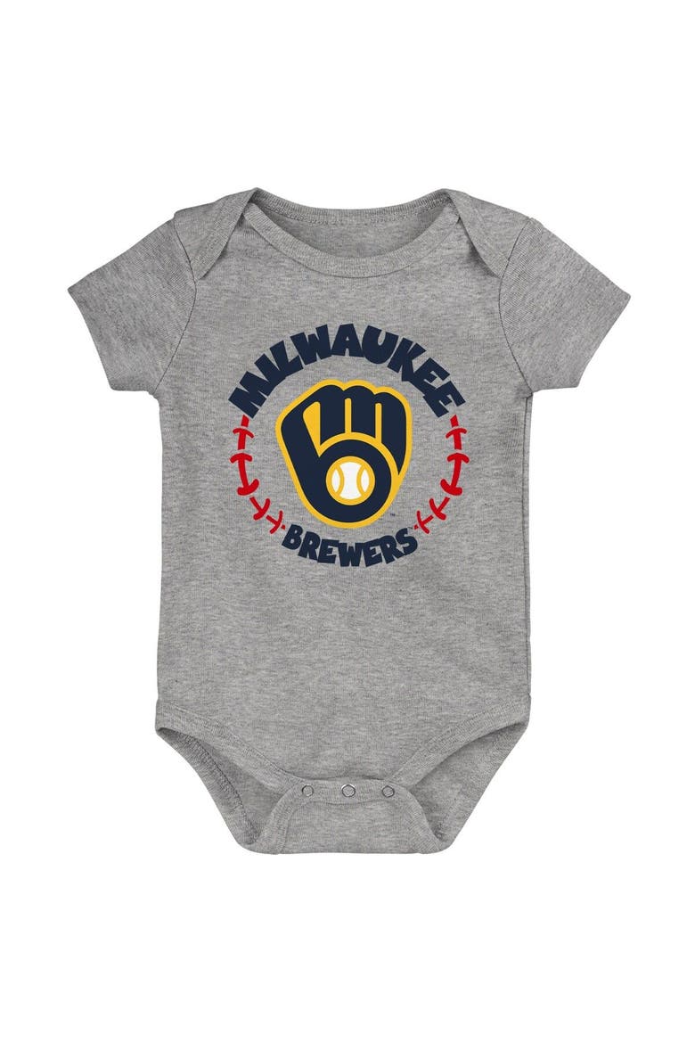 Newborn & Infant Gold/White/Heather Gray Milwaukee Brewers Biggest Little Fan 3-Pack Bodysuit Set, Alternate, color, Gold