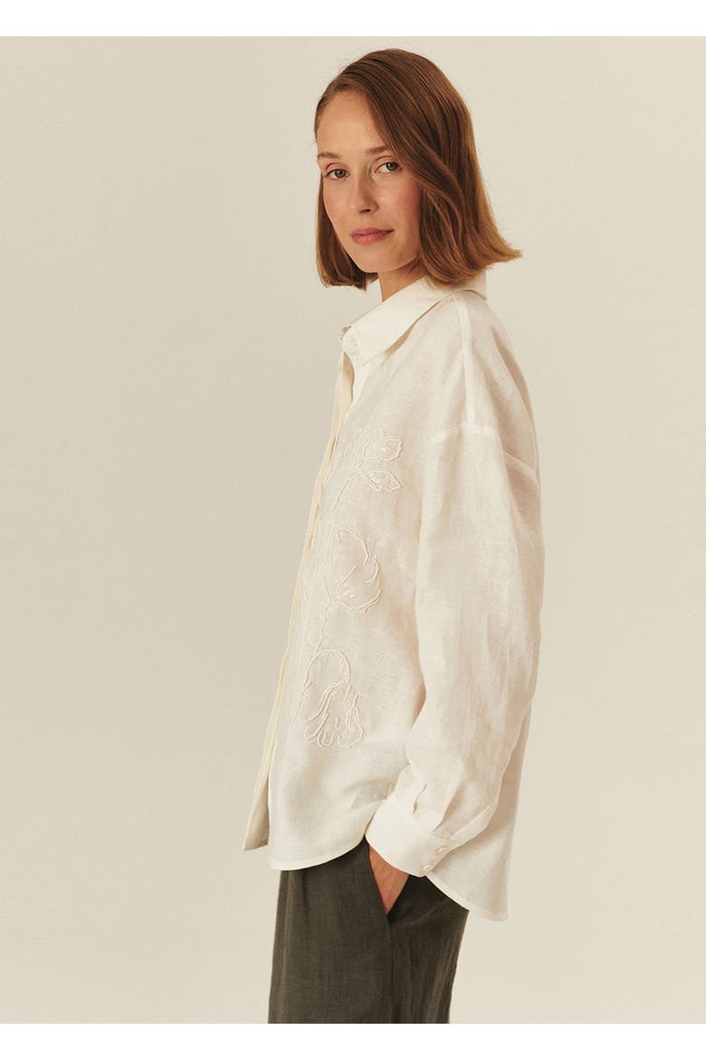 Emelia Embroidered Linen Shirt, Alternate, color, Ecru