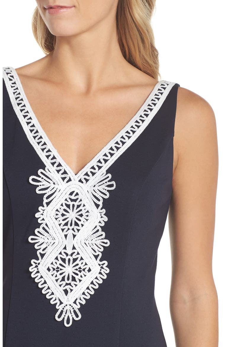 Embroidered V-Neck Shift Dress, Alternate, color, NAVY/ IVORY