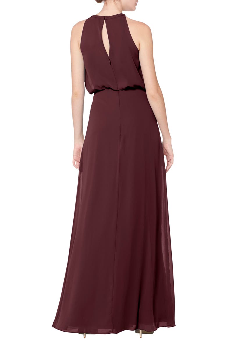 Halter Neck Blouson Bodice Chiffon Evening Gown, Alternate, color, WINE