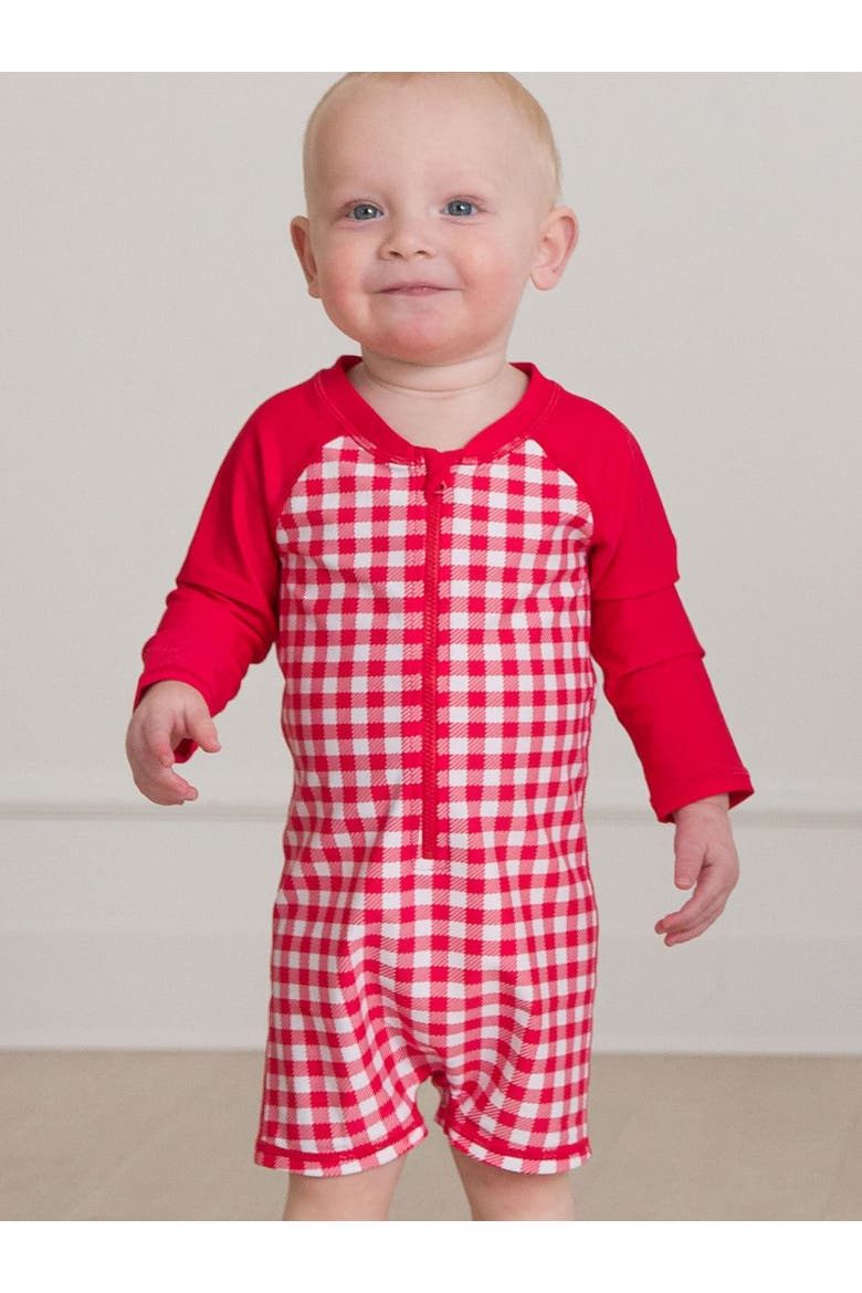 Boys Long Sleeve One Piece Rash Guard, Alternate, color, Vintage Red Gingham