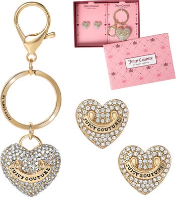 Pave Heart Keychain Earrings Set