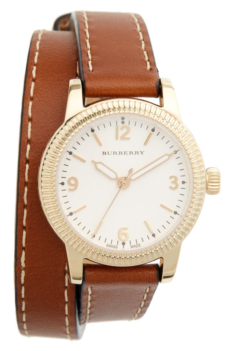 'Utilitarian' Round Leather Wrap Watch, 30mm, Main, color, TAN/ GOLD