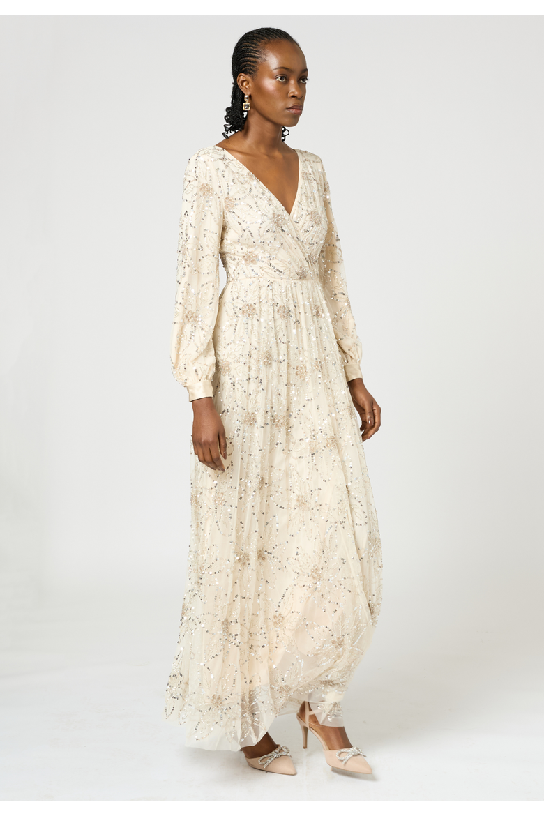 Embellished Sequin Beaded Maxi Dress with cuff sleeves, Alternate, color, CREAM