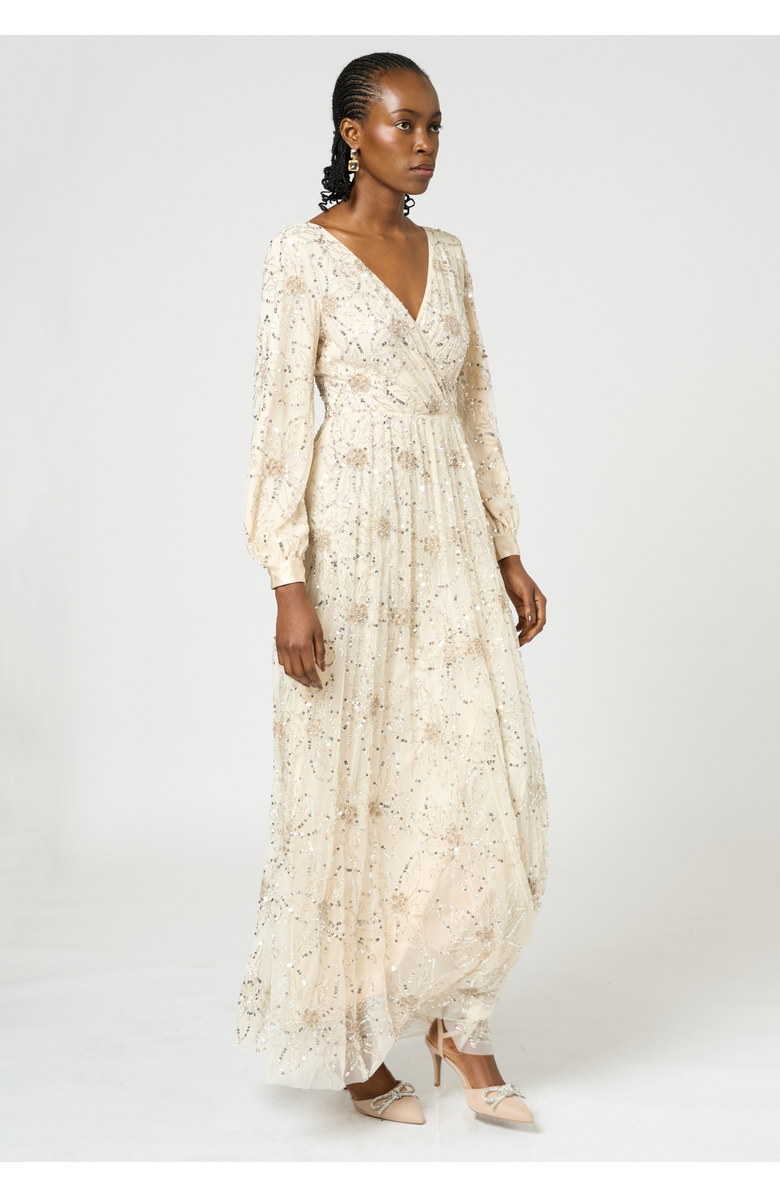 BEAUUT Embellished Sequin Beaded Maxi Dress with cuff sleeves, Alternate, color, Cream
