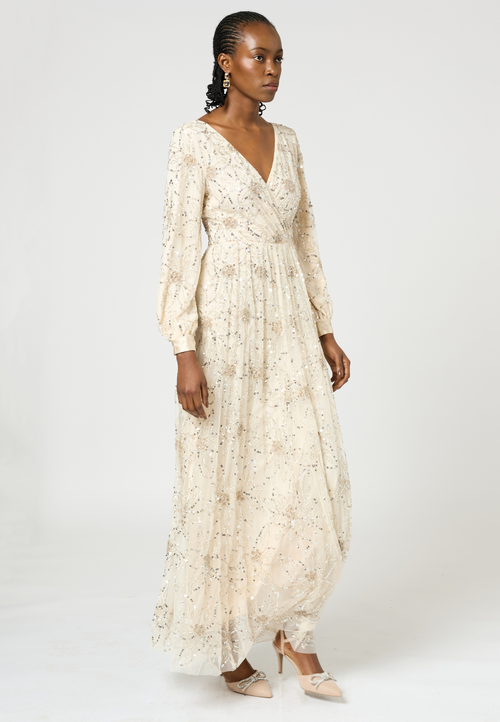 Beauut Embellished Sequin Beaded Maxi Dress With Cuff Sleeves In Neutral
