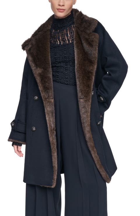 Faux Mink Trim Double Breasted Wool Blend Coat