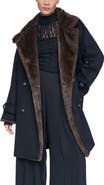 HALSTON Faux Mink Trim Double Breasted Wool Blend Coat