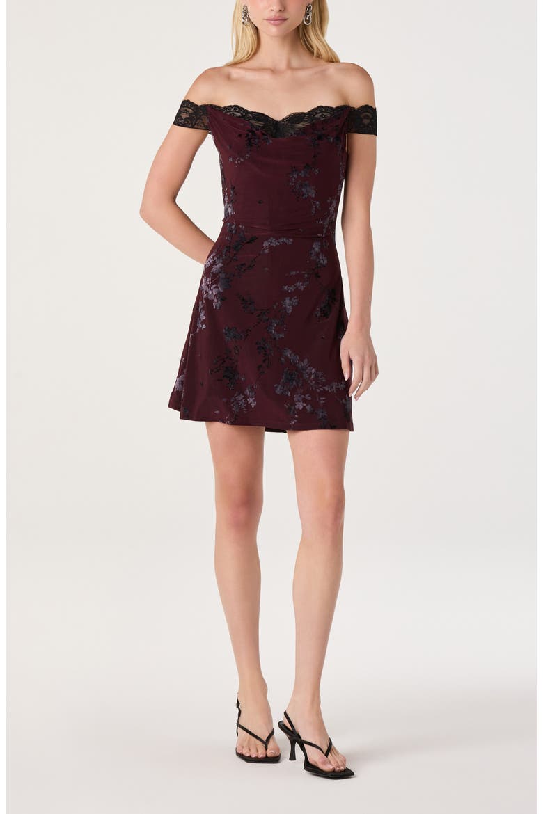Heloise Floral Lace Trim Off the Shoulder Minidress, Main, color, WINE BLACK FLORAL