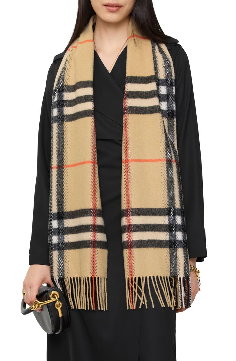Burberry Crystal Embellished Check Cashmere Fringe Scarf, Alternate, color, Sand