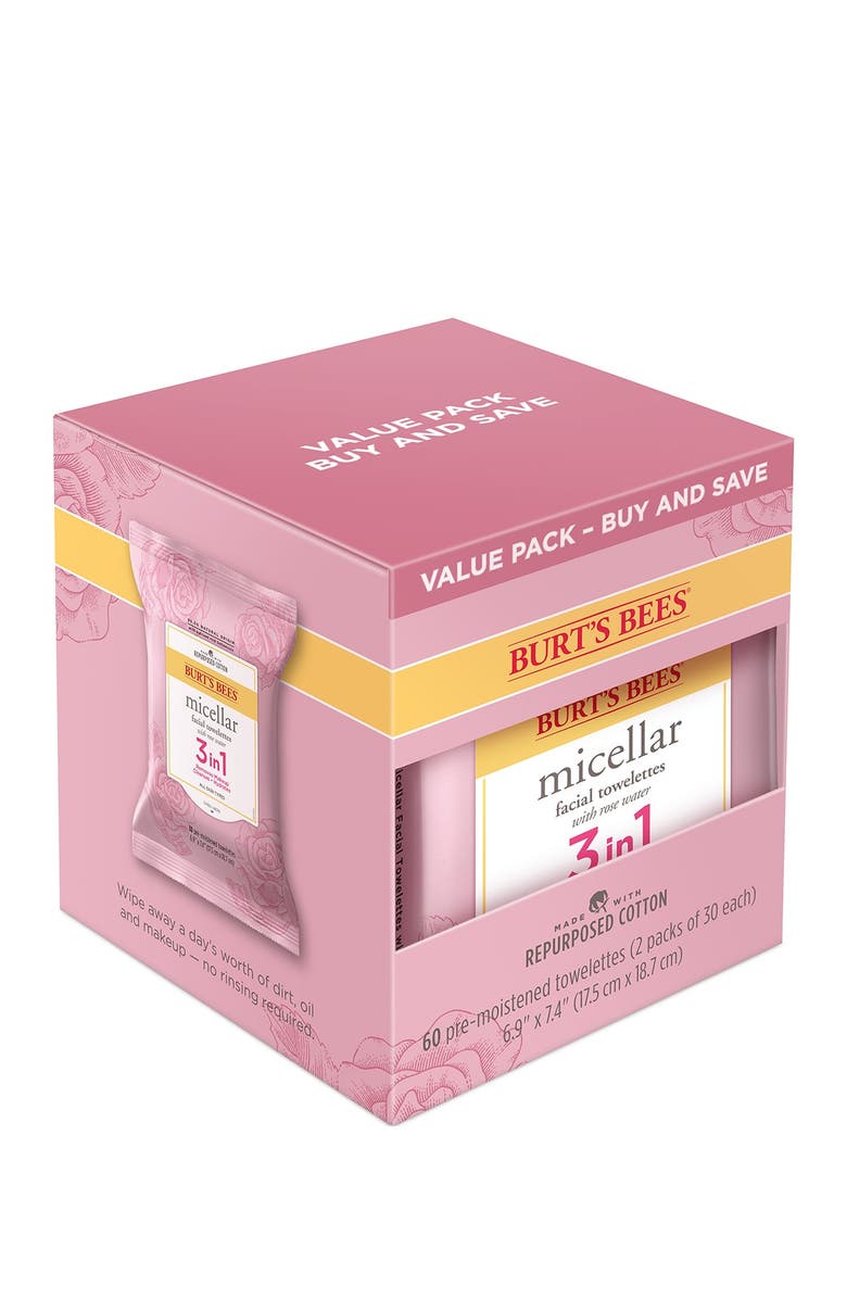 Burt's Bees Micellar 3 in 1 Facial Towelettes with Rose Water, 60 Count, Main, color,