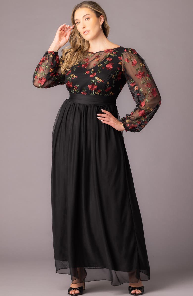 Kiyonna Floral Embroidered Long Sleeve Empire Waist Mesh Gown, Alternate, color, Floral Flare