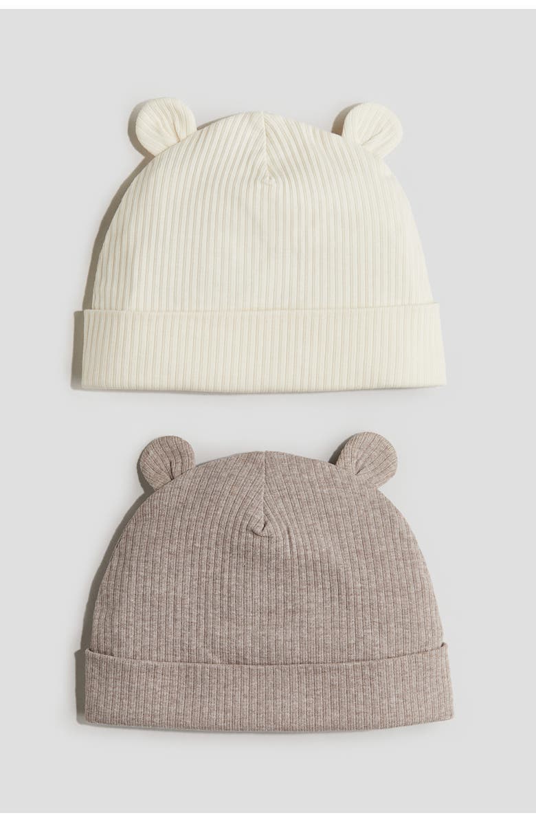 H&M 2-pack Ribbed Ear-detail Beanies, Main, color, Light Beige/Dark Beige Melange