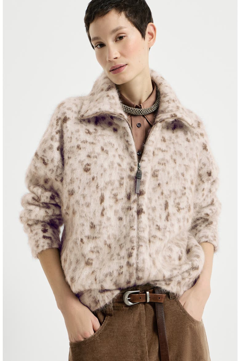 Lynx jacquard cardigan in mohair and wool with shiny zipper pull, Alternate, color, Buff